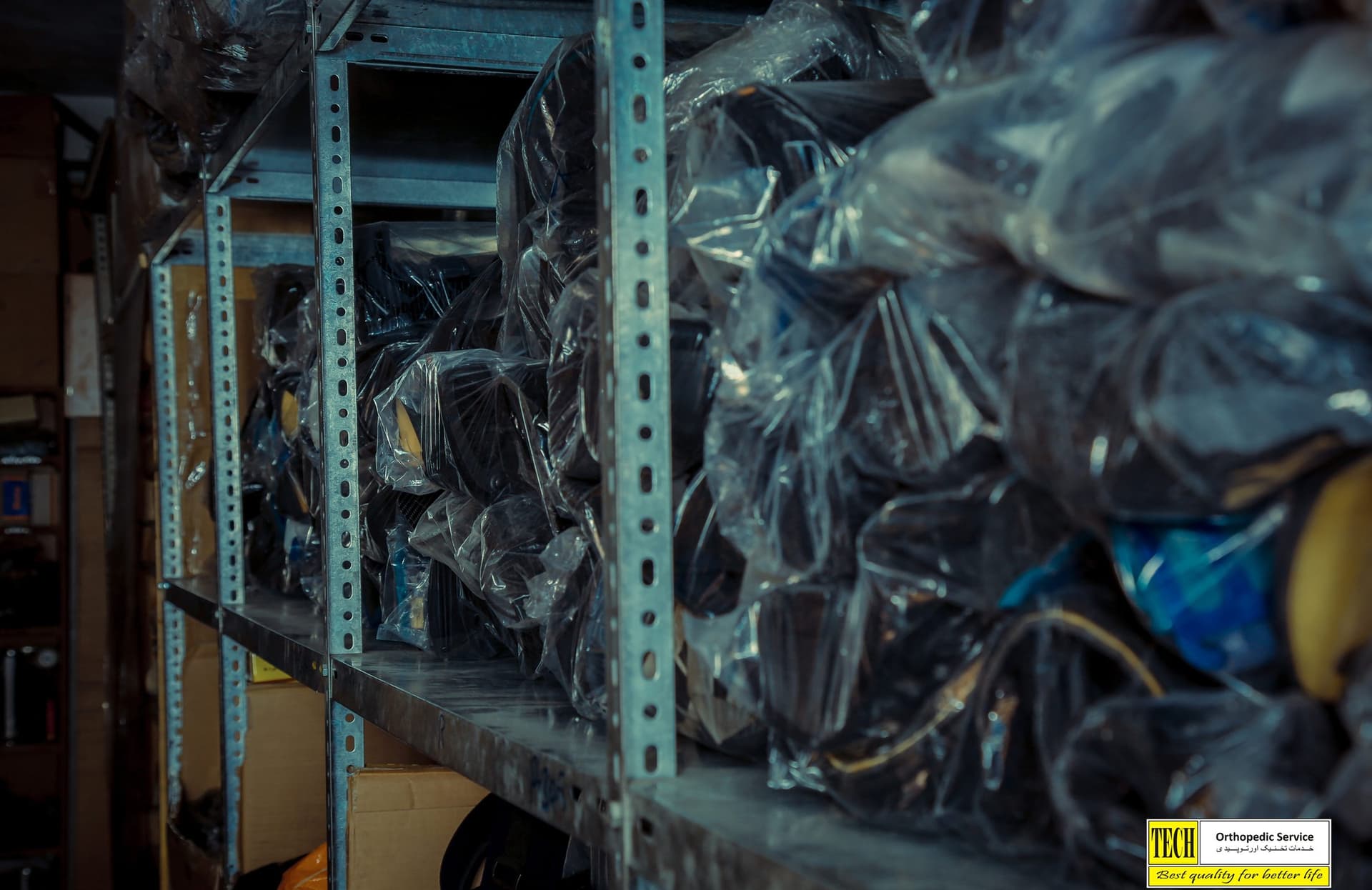 Shelves of prosthetic and orthotic components at Tech Orthopedic Service